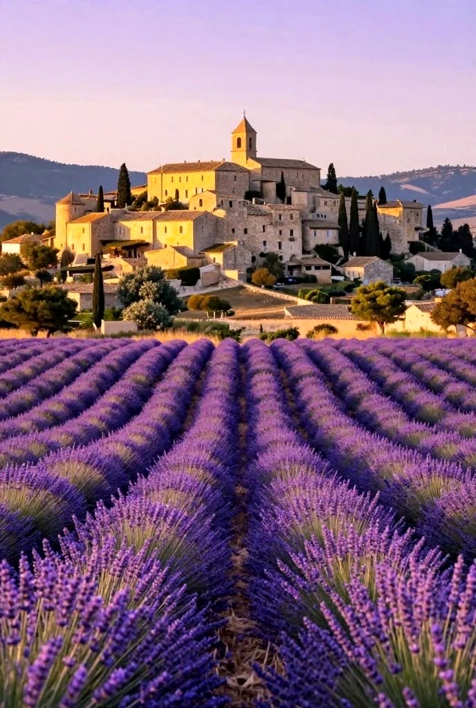 A perched Provençal village above rows of lavender in bloom
