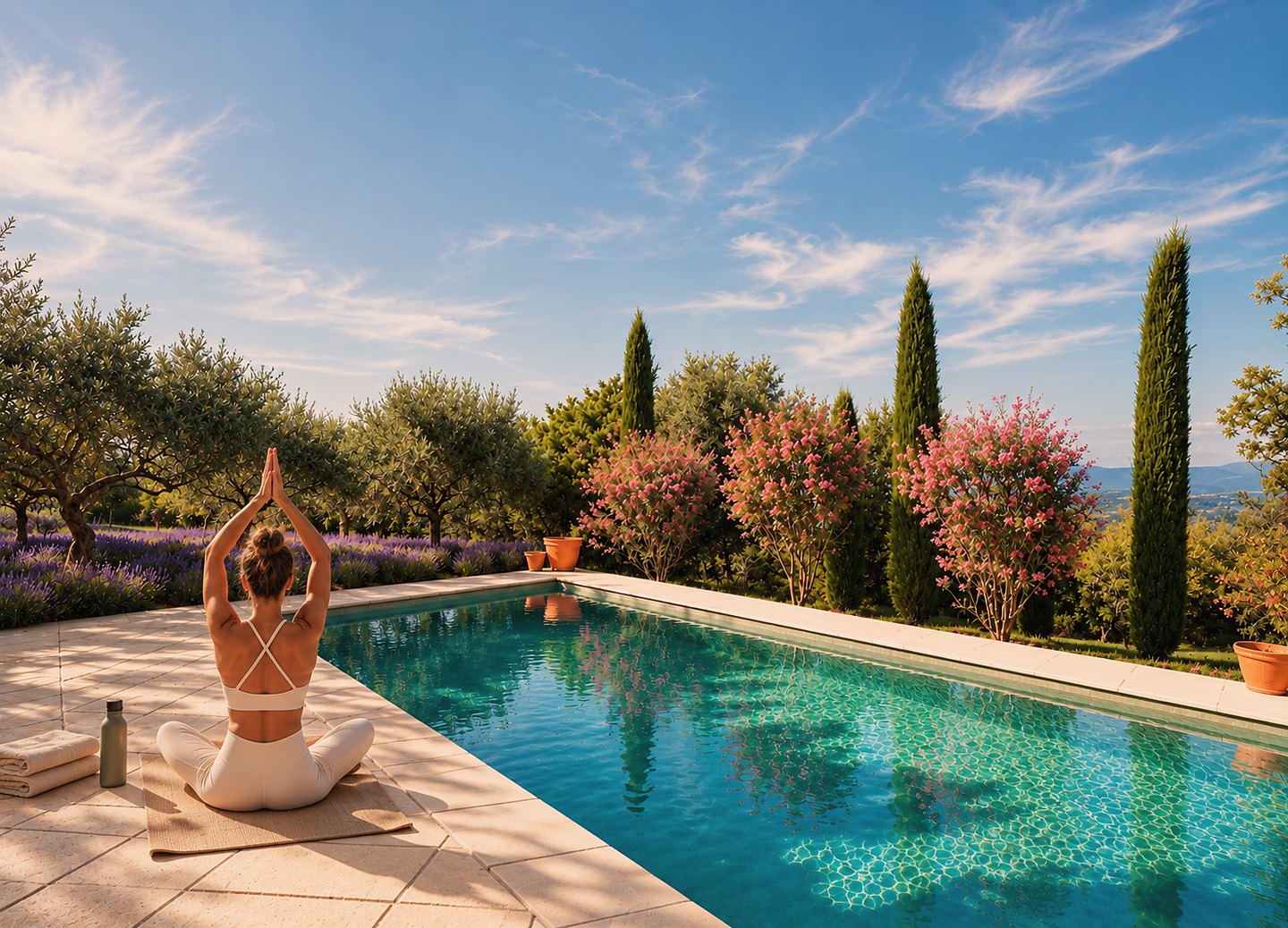 Morning yoga by the pool among olive trees and lavender